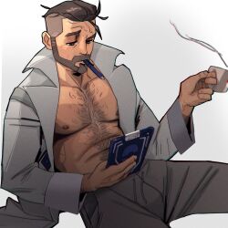 1boy bara beard chris_sdd cigarette dilf hairy male male_only muscles muscular muscular_male open_coat pokemon pokemon_sv professor_turo smoking