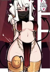 bare_shoulders bra demon_girl english_text harem_outfit helltaker loincloth midriff modeus_(helltaker) navel revealing_clothes speech_bubble tail white_hair