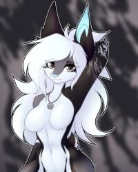 anthro belly_button black_and_white_background black_fur blue_nose boobs breasts chains dark_fur fur furry furry_female furry_only grey_eyes grey_fur long_hair mimurus naked naked_female navel no_nipples pentagram sfw short_tail tagme tits watermark white_fur white_hair xnyavii