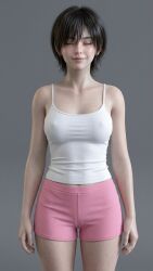 1girl ai_generated evie_(stellar_blade) eyes_closed realistic short_hair shorts smile smiling sole_female standing stellar_blade stellar_blade:_blood_rain tank_top tomboy tomboyish white_tank_top