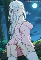 ai ai-created ai_art ai_generated anime anime_character anime_girl anime_screencap anime_style ass ass_focus ass_grab blush breasts butterfly completely_nude cum cum_in_pussy cum_on_breasts doggy_position emilia_(re:zero) eternalhaze forest forest_background genital_fluids genitals heavy_blush heavy_breathing hi_res in_forest looking_at_partner looking_at_viewer moon moonlight naked nsfw nude outdoors purple_eyes pussy pussy_focus pussy_juice pussy_juice_drip pussy_lips pussy_peek re:zero_kara_hajimeru_isekai_seikatsu rock rocks seductive seductive_eyes seductive_look seductive_pose seductive_smile sexy_pose skirt skirt_lift stockings sweat thighs vaginal_fluids water wet wet_pussy white_hair