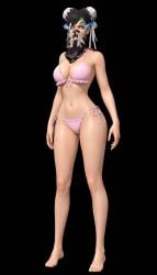 4k_resolution abdomen bikini black_background black_hair black_nails blue_eyes eyebrows face_mask feet free_fire garena green_tattoo high_quality high_resolution highres large_breasts large_hips lipstick looking_at_viewer makeup mask missy moco_(free_fire) perfect_body perfect_skin petite_female pink_bikini serious_look short_hair tattoo thin_waist tiktok upscaled waifu2x white_bow white_skin