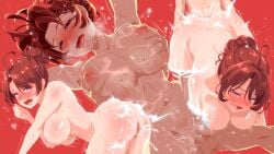 1boy 1girl ass blush breasts brown_hair censored completely_nude cum doggystyle game_asset grabbing_another's_breast groping hair_bun happy_sex heart hetero highres large_breasts magicami mature_female mixed-sex_bathing mosaic_censoring motion_lines multiple_views nipples nude official_art ohtori_aka open_mouth penis purple_eyes red_background red_hair sex sex_from_behind shared_bathing short_hair simple_background single_hair_bun smile soap_bubbles tongue tongue_out vaginal