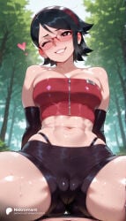 1girl 1girls abs absurd_res absurdres ai_generated ass bandeau bare_shoulders big_ass big_breasts bike_shorts black_eyes black_gloves black_hair black_panties black_shorts blush boruto:_naruto_next_generations breasts cameltoe cleavage collarbone crop_top day elbow_gloves female female_focus forest girl_on_top glasses gloves grin hairband heart heart-shaped_pupils hetero hi_res high_quality high_resolution highleg highleg_panties highres large_ass large_breasts lips looking_at_viewer medium_breasts midriff naruto naruto_(series) naruto_shippuden navel nekromant one_eye_closed outdoors panties pov red-framed_eyewear red_hairband red_headband sarada_uchiha shiny_skin short_hair short_shorts shorts sitting skindentation smile solo_focus spread_legs stomach straddling straight strapless sweat symbol-shaped_pupils teeth thick_thighs thighs thong toned tree tube_top uchiha_sarada underwear wide_hips zipper zipper_pull_tab
