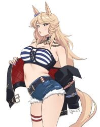 1girl bare_shoulders black_jacket blonde_hair blue_eyes blue_shorts cleavage denim_shorts gold_city_(umamusume) horse_ears horse_girl large_breasts long_hair looking_at_viewer navel off_shoulder open_jacket open_mouth pinepin single_glove solo stomach thighs umamusume umamusume_pretty_derby white_gloves