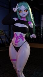 1girls bikini_bottom curvy curvy_figure cyberpunk:_edgerunners cyberpunk_2077 cyborg female female_focus female_only green_eyes green_hair looking_at_viewer rebecca_(edgerunners) red_sclera sweat wet wet_body white_body