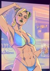 1girls abs athletic_female big_ass big_butt big_hips big_thighs bikini blue_bikini female_focus female_only grand_theft_auto_vi green_hair green_lipstick jolyne_kujo looking_at_viewer muscular_female slim_waist stone_free stone_ocean sweat yellow_hair