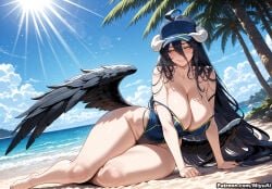 1girl ai_assisted ai_generated albedo albedo_(overlord) bare_shoulders beach black_hair black_wings blue_swimsuit blush breasts cleavage collarbone covered_navel curvaceous curvy curvy_female curvy_figure day feathered_wings female hair_between_eyes hat highleg hip_focus horns huge_breasts long_hair looking_at_viewer miyuai ocean on_side one-piece_swimsuit overlord_(maruyama) palm_tree sand sky slit_pupils smile solo swimsuit thick thick_ass thick_butt thick_hips thick_legs thick_thighs thighs tree very_long_hair voluptuous voluptuous_female wide_hips wide_thighs wings yellow_eyes