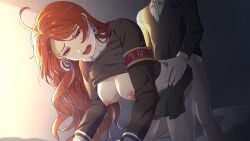 1boy 1girl ahoge all_fours armband black_skirt breasts clothes_lift doggystyle earrings game_asset hetero highres jewelry long_hair long_sleeves magicami miniskirt nipples official_art ohtori_aka open_mouth red_eyes sex sex_from_behind shirt shirt_lift skirt sweater