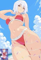 1girl almost_nude areolae beach beach_background blue_sky bra breasts brown_eyes christmas_outfit cute female female_focus female_only female_public_hair human looking_at_viewer looking_down_at_viewer medium_breasts medium_hair outdoors riu_chan roblox roblox_game roblox_is_unbreakable robloxian santa sexy smile solo standing