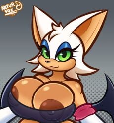 anthro artist_logo arturfox bat big_breasts breasts brown_body brown_nipples clothing female gloves green_eyes handwear hi_res huge_breasts logo mammal nipples rouge_the_bat sega solo sonic_(series) sonic_the_hedgehog_(series) topwear white_hair wings