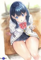 1girls ai_generated blue_eyes blue_hair cardigan color female female_only from_above indoors miniskirt panties priestofart school school_uniform schoolgirl sitting skirt solo solo_female ssss.gridman tagme tagme_(artist) tagme_(character) takarada_rikka thick_thighs watermark white_panties