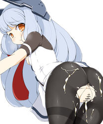 ansui_(happycore) anus ass bar_censor breasts censored closed_mouth cum cum_in_pussy eyebrows eyebrows_visible_through_hair female female heart kantai_collection long_hair murakumo_(kantai_collection) nipples pointless_censoring pussy shiny shiny_clothes simple_background solo tie torn_pantyhose white_background