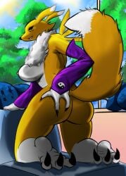 anthro armwear ass bandai_namco big_butt blue_eyes breasts canid clothing digimon digimon_(species) feet female fur furniture grab_the_butt hi_res looking_back mammal mostly_nude raised_tail rear_view renamon rudestboy side_boob solo tail thick_thighs toes white_body white_fur wide_hips yellow_body yellow_fur