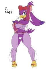 anthro avian beak bellydancer_outfit big_breasts bird blue_eyes breasts choker clothing female headdress headgear headwear jewelry midriff necklace nipples one_eye_closed panties purple_body raised_arm sega smile solo sonic_(series) sonic_riders sonic_the_hedgehog_(series) tail thecon third-party_edit translucent translucent_clothing underwear wave_the_swallow wide_hips wink