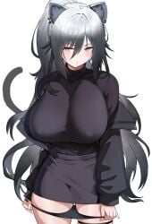 absurdres animal_ear_fluff animal_ear_piercing animal_ears arknights black_hair black_panties black_shirt black_skirt blush breasts covered_erect_nipples cowboy_shot dishui_tangni female gradient_hair grey_hair hair_between_eyes highres huge_breasts long_bangs long_hair looking_at_viewer miniskirt multicolored_hair panties panty_pull parted_lips pencil_skirt schwarz_(arknights) shirt simple_background skindentation skirt skirt_set solo standing tail thigh_strap turtleneck turtleneck_shirt underwear variant_set white_background yellow_eyes