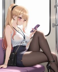 ai_generated bag blonde_hair blush breasts busty crossed_legs ear_piercing exhibitionism female_only hi_res high_heels id_card jewelry kitagawa_marin large_breasts nipples nipples_visible_through_clothing no_bra phone pink_eyes ponytail public public_exposure see-through see-through_clothing sitting skirt sono_bisque_doll_wa_koi_wo_suru train train_interior visible_nipples