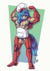 anthro apron balls black_ears black_nose blue_hair blue_tail canid canine canis chef_hat chemicalkirin chow_chow clothing domestic_dog eyeless flaccid flexing fur genitals gradient_background hair hat headgear headwear hi_res male male_only mammal muscular muscular_male nipples penis pose red_body red_fur signature simple_background solo spitz three-quarter_view