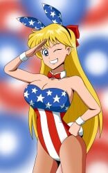 aino_minako alluring american_flag american_flag_print animal_ears big_breasts bishoujo_senshi_sailor_moon blonde_hair blue_eyes bow bowtie cleavage female flag_print hairbow hand_on_own_hip high_res imightbemick leotard long_hair looking_at_viewer minako_aino one_eye_closed pantyhose playboy_bunny rabbit_ears salute smile wrist_cuffs