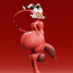 3d 3d_model 3d_render big_ass big_butt big_cock big_penis big_thighs black_eyes demon freckles helluva_boss hi_res horns looking_at_viewer male_only moxxie_(helluva_boss) red_body red_skin sharp_teeth tail vulkyasha white_hair white_teeth yellow_sclera