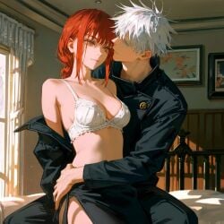 1boy 1girls ai_generated bedroom being_undressed bra female gojou_satoru jujutsu_kaisen light-skinned_female light-skinned_male light_skin lingerie makima_(chainsaw_man) male male/female on_lap red_hair satoru_gojo sitting_on_lap straight undressing white_bra white_hair