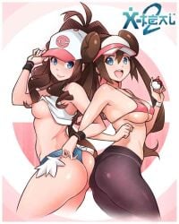 bikini_top blue_eyes brown_hair cap hilda_(pokemon) looking_at_viewer pokeball pokemon rosa_(pokemon) shirt_lift short_shorts small_breasts tights topless x-teal