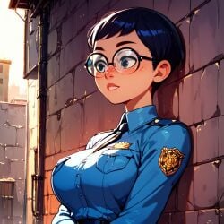 1girl 1girls ai_generated alley alleyway back_alley backalley carmen_sandiego_(2019) carmen_sandiego_(franchise) female female_focus female_only glasses julia_argent julia_argent_(carmen_sandiego) police police_badge police_officer police_uniform police_woman policewoman safe safe_for_work short_hair solo solo_female solo_focus uniform zupern0va_(manipper)