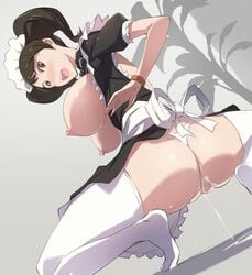 1girls akira02 apron ass becky_(persona) black_dress black_hair blush bracelet breasts breasts_out brown_eyes dress female female_only frills from_behind highres jewelry large_breasts long_hair looking_at_viewer looking_back maid maid_apron maid_headdress megami_tensei no_shoes panties partially_visible_vulva persona persona_5 puffy_short_sleeves puffy_sleeves pussy pussy_juice sadayo_kawakami short_sleeves solo spread_legs squatting sweat thighhighs thong tied_hair twintails underwear waist_apron white_legwear white_panties