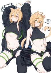 1girls ahoge animal_ear_fluff animal_ears animal_tail antenna_hair arm_above_head arm_up arms_above_head arms_up belly belly_button black_coat black_crop_top black_jacket black_legwear black_shorts black_stockings black_thigh_highs black_thighhighs black_topwear blonde_eyebrows blonde_female blonde_hair blonde_hair blonde_hair_female blush blush_face blush_lines blushed_face blushing_at_viewer blushing_face blushing_female breasts calves cat_ears cat_tail character_request closed_eyes coat collarbone copyright_request crop_top dot_nose fair_skin female female_focus female_only full_body green_eyes green_eyes_female green_happy000 green_thighband hand_above_head hand_up hands_above_head hands_up head_tilt high_resolution highres hourglass_figure jacket knee_socks knees kneesocks lean_body lean_figure legs legwear light-skined_female light-skinned light-skinned_female light_skin light_skin_female light_skinned light_skinned_female looking_at_viewer medium_breasts midriff narrow_waist navel nipples open_coat open_jacket open_topwear overknees parted_bangs short_hair shorts shoulders simple_background sitting slender_body slender_waist slim_girl slim_waist smooth_skin solo squatting squatting_female squatting_position stockings stretching stretching_arms thick_thighs thigh_highs thighband thighhighs thighs thin_waist tilted_head topwear v-line white_background wide_hips yellow_eyebrows yellow_hair yellow_hair_female