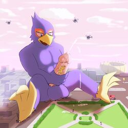 anthro avian bird canine city cum erection falco_lombardi fox fox_mccloud glomiagui macro male male_only mammal masturbation nintendo penis size_difference star_fox yaoi