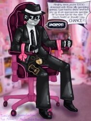 animegao bondage bondage chance chance_(forsaken) coin_flip cosplay cosplayer distressed electrostimulation estim fedora forsaken_(roblox) gagged gambler gambling gamer_chair grey_skin hat headphones humiliation kigurumi latex lock locked locked_up mask mecha_engie_harvey muffled non-binary null_bulge pink_ribbon ribbon_bondage ribbons rubber shades shiny smirk suit suit_and_tie sweat sweating timer_lock unknown_gender vibrator vibrator_under_clothes