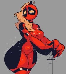 1girls 2024 blonde_female blonde_hair curvy digital_drawing_(artwork) digital_media_(artwork) female female_focus female_only grey_background huge_hands katana lady_deadpool marvel marvel_comics mask masked masked_female red_body simple_background wanda_wilson xexeezy yellow_eyes