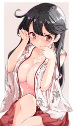 ahoge alternate_costume areolae black_hair blush breasts brown_eyes bust_cup cleavage cum cum_on_body cum_on_breasts cum_on_upper_body female hair_tucking kantai_collection kengorou_saemon_ii_sei large_breasts long_hair looking_at_viewer no_bra open_clothes solo tongue tongue_out ushio_(kantai_collection)