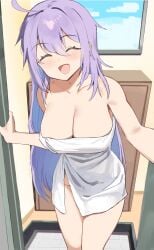 1girls ahoge antenna_hair bare_armpits bare_arms bare_chest bare_hands bare_legs bare_shoulders bare_skin bare_thighs belly belly_button blush blush_face blush_lines blushed_face blushing_at_viewer blushing_face blushing_female breasts busty busty_female busty_girl cleavage closed_eyes collarbone curvaceous curvaceous_body curvaceous_female curvaceous_figure curvaceous_hips curvy curvy_body curvy_female curvy_figure curvy_hips door doorway dot_nose exposed_armpits exposed_arms exposed_chest exposed_legs exposed_shoulders exposed_skin exposed_thighs eyebrows_visible_through_hair fair_skin female female_focus female_naked female_only fingers hair_between_eyes half_naked half_nude happy high_resolution highres hourglass_figure indoor indoor_nudity indoors large_breasts lean_body lean_figure legs legs_closed legs_together light-skined_female light-skinned light-skinned_female light_skin light_skin_female light_skinned light_skinned_female long_hair midriff naked naked_female naked_woman narrow_waist navel nude nude_female nudity open_mouth open_mouth_smile parted_lips partially_naked purple_eyebrows purple_hair purple_hair_female semi_nude shoulders slender_body slender_waist slim_girl slim_waist smile smiley_face smiling smiling_at_viewer smooth_skin solo standing thighs thin_waist tongue towel towel_around_waist towel_only towel_over_breasts twin_(tt_lsh) upper_body v-line white_towel wide_hips