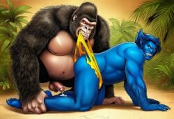 ai_generated all_fours anthro balls bara beast_(x-men) big_penis blue_body blue_skin blue_skinned_male boner brown_body brown_fur erection feral feral_on_anthro from_behind furry gorilla hank_mccoy implied_sex looking_back male male_only marvel marvel_comics muscles muscular nude on penis torn_clothes x-men yaoi