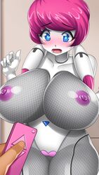 1boy 1girls big_ass big_breasts blue_eyes blush booty_calls breast_expansion c.a.r.a. collarbone huge_breasts machine nipples pink_hair pink_pussy remote_control robot robot_girl thick_thighs white_body wide_hips