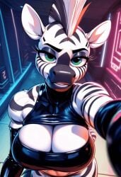 ai_generated animated anthro bedroom_eyes breasts elbow_gloves flirting_with_viewer furry latex mohawk smiling stripes zebra