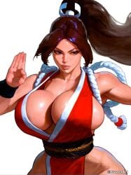 ai_generated cleavage deep_cleavage huge_breasts king_of_fighters large_breasts mai_shiranui street_fighter street_fighter_6 teasing the_king_of_fighters trazenart upper_body very_long_hair white_background