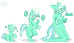 2014 absurd_res amber_eyes anthro anthrofied areola big_breasts biped breasts cold-blooded-twilight dialogue english_text equid equine erect_nipples female feral feral_to_anthro friendship_is_magic fur green_body green_fur hasbro hi_res horn kneeling lyra_heartstrings_(mlp) mammal multicolored_hair my_little_pony mythological_creature mythological_equine mythology navel nipples nude sequence shadow solo speech_bubble text three_frame_image three_frame_sequence transformation transformation_sequence two_tone_hair unicorn