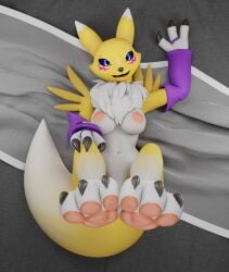 3d absurd_res anthro areola bandai_namco black_nose black_sclera blue_eyes breasts canid canine digimon digimon_(species) digital_media_(artwork) female flapcats fur hi_res looking_at_viewer mammal mostly_nude nipples renamon solo white_body white_fur yellow_body yellow_fur