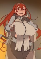 1girls 2d_(artwork) ahoge areolae bangs breasts eris_greyrat eris_greyrat_(adult) female female_only hair_between_eyes hairband highres holding large_breasts long_hair long_sleeves looking_at_viewer midriff mushoku_tensei older red_eyes red_hair scabbard sheathed sidelocks simple_background solo sword thick_eyebrows throughmyshadow very_long_hair weapon