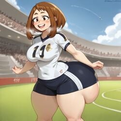 1girls ai_assisted ai_generated big_ass big_breast civitai huge_ass kalagod my_hero_academia ochako_uraraka soccer_uniform solo sportswear