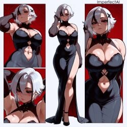 1girls abs ai_generated arlecchino_(genshin_impact) armpits breasts cleavage curvy curvy_figure dress female female_only genshin_impact high_heels hourglass_figure imperfectai large_breasts legs milf mommy short_hair solo toned toned_female white_hair