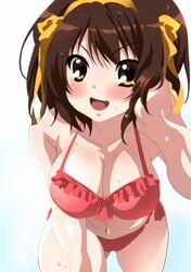 bikini blush breasts brown_eyes brown_hair cleavage female hair_ribbon hairband highres leaning_forward momoiro_tanuki open_mouth red_bikini ribbon short_hair suzumiya_haruhi suzumiya_haruhi_no_yuuutsu swimsuit wet