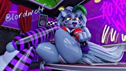 2025 3d_(artwork) 4_fingers animatronic anthro anus black_nose breasts canid canine canis claws clothed clothing digital_media_(artwork) ear_piercing ear_ring eyebrows female fingers five_nights_at_freddy's five_nights_at_freddy's:_security_breach flashlight genitals glistening glistening_body green_claws green_highlights grey_hair hair hi_res highlights_(coloring) lipstick looking_at_viewer lordwolf machine makeup mammal nipples piercing pointy_ears prick_ears purple_lipstick pussy ring_piercing robot robot_anthro roxanne_wolf roxanne_wolf_(coolioart) scottgames solo spread_legs spread_pussy spreading steel_wool_studios uvula wolf yellow_eyes