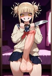 1girls ai_generated big_balls big_breasts futanari himiko_toga holding_knife holding_penis huge_balls huge_cock knife looking_at_viewer my_hero_academia starskyai