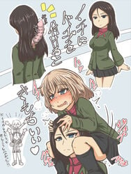 2girls black_hair black_skirt blonde_hair blue_eyes blush breasts carrying chidori_kou dildo eyebrows eyebrows_visible_through_hair girls_und_panzer katyusha long_hair multiple_girls nonna open_mouth saliva short_hair shoulder_carry skirt text translation_request