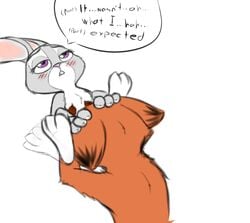 anthro blush canine catinheat disney duo female flat_chest fox hi_res judy_hopps lagomorph male mammal nick_wilde oral_sex rabbit simple_background size_difference zootopia