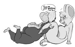 anthro ass big_breasts black_and_white blush breadmouse breasts dialogue female mammal rodent roy_mccloud spread_legs spreading yuri