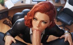 3d ai_generated black_nails black_widow_(marvel) blowjob female male marvel marvel_rivals miniskirt office office_lady pantyhose pov red_hair